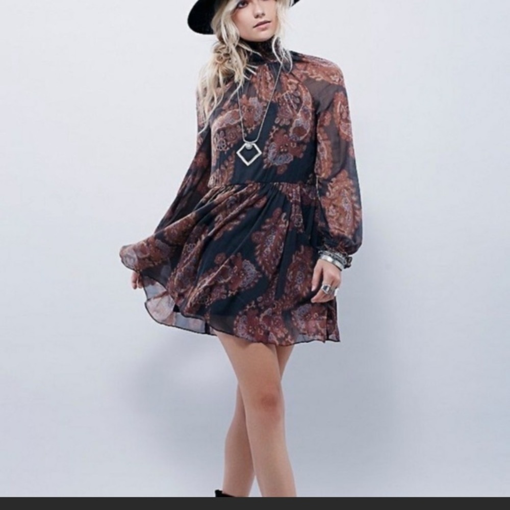 Free People forget me not Moonstruck black paisley chiffon dress mockneck XS